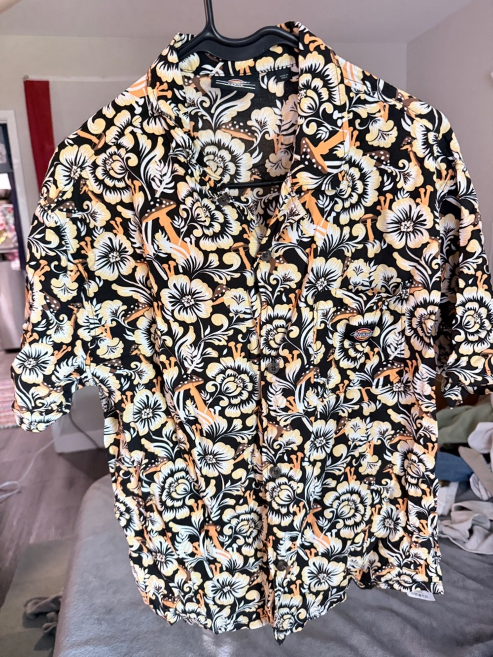 Dickies Black Floral Short Sleeve Button-Up with Mushroom & Floral Accents